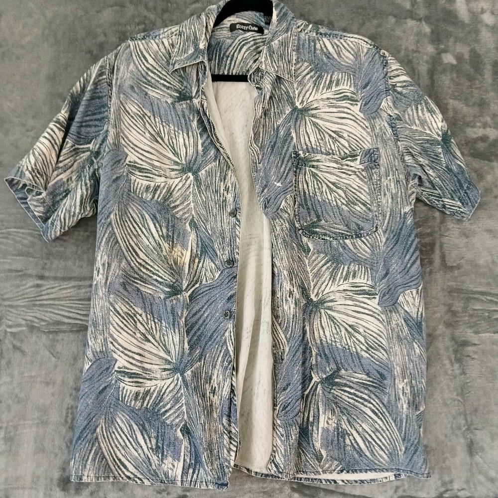 Bobby Chan Shirt Mens Medium Blue White Silk Leaf Print Short Sleeve Casual